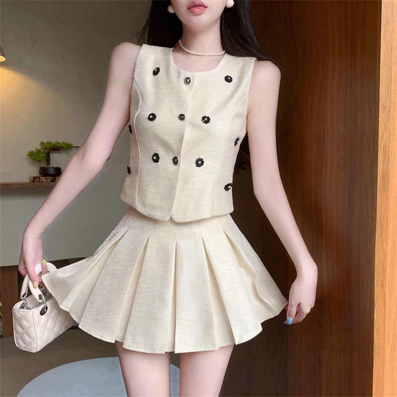 French Celebrity Lady 2 Piece Dress Sets 3d Flower Women O Neck Short Tank Top&High Waist Pleated Mini Skirt Elegant 2pc Suits