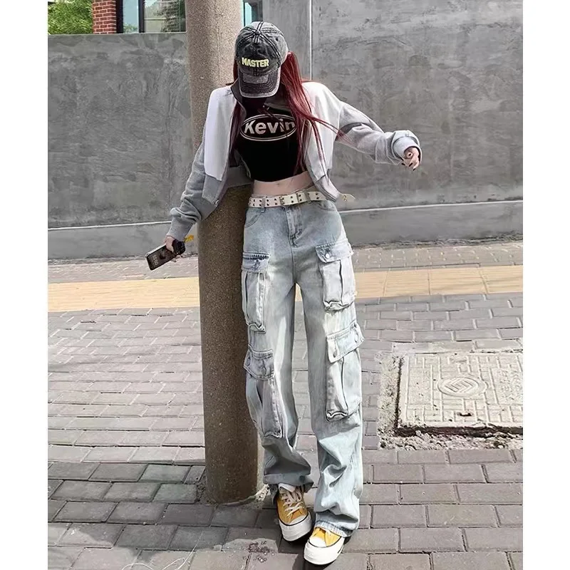 2026 New Light Blue Multi-pocket Cargo Pants Women Spring Summer Retro Was Straight Jeans Unique Design Trendy Long Trousers