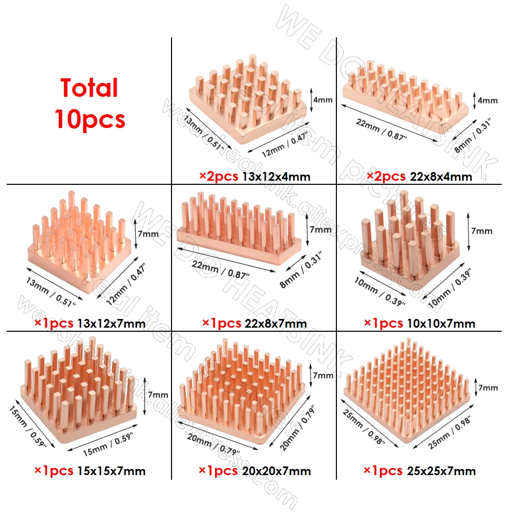 

DIY 10pcs Copper Heatsink Kit 100% Copper Radiator Cooler 10x10mm 15x15mm 20x20mm 25x25mm / 7mm With pre Thermal Adhesive Tape