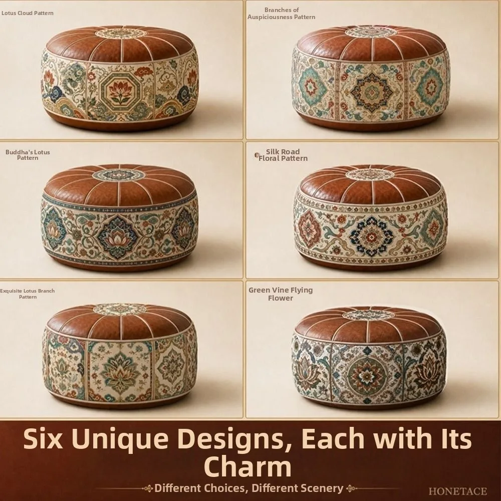 New PU Leather Ottoman Pouf Foldable Round Shape Storage Ottoman Fillable Boho Pattern Round Pouf Cover Living Room Use view 4