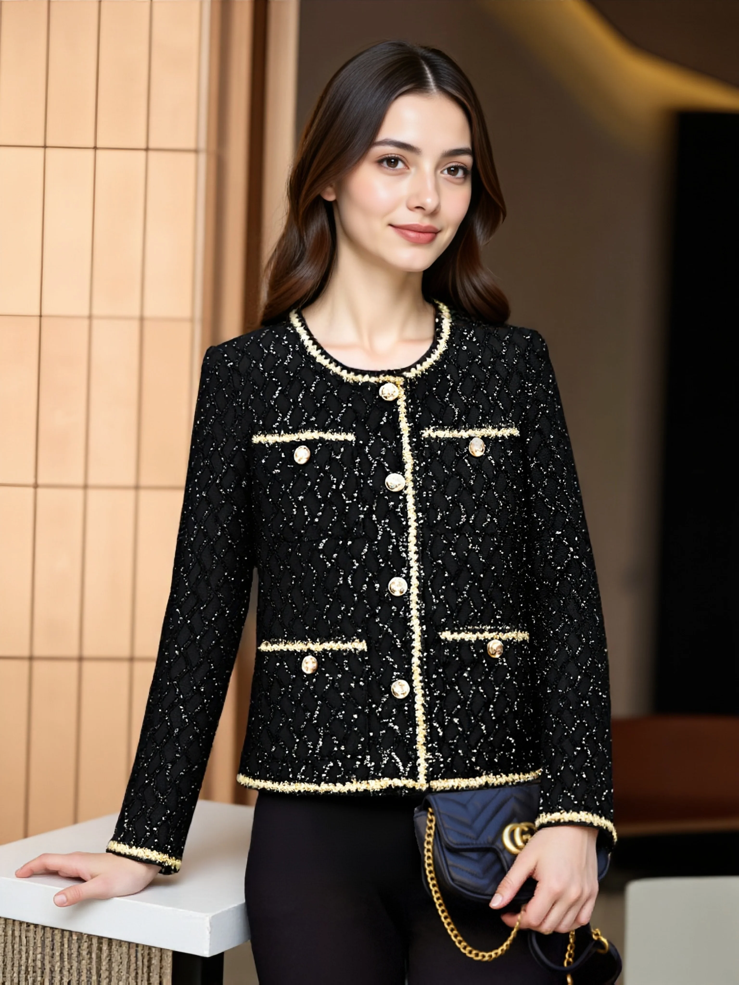 Women Black Tweed Jacket Gold Trim Gold Buttons O-Neck Elegant Short Blazer Coat 25106