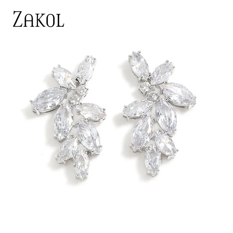 ZAKOL Fashion Marquise Cut Cubic Zirconia stadniny kolczyki dla kobiet modny liść suknia ślubna biżuteria ślubna FSEP2349