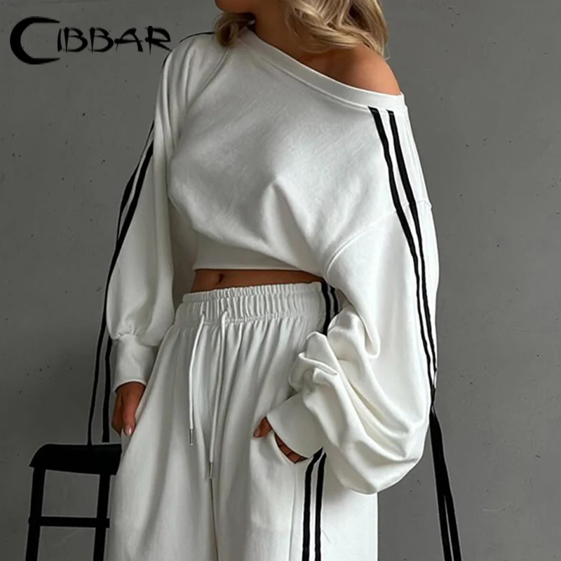 CIBBAR Contrast Striped Hoodies White Long Sleeve Asymmetric Off-shoulder Sweatshirt Women Autumn Fashion Pullovers Korean Style