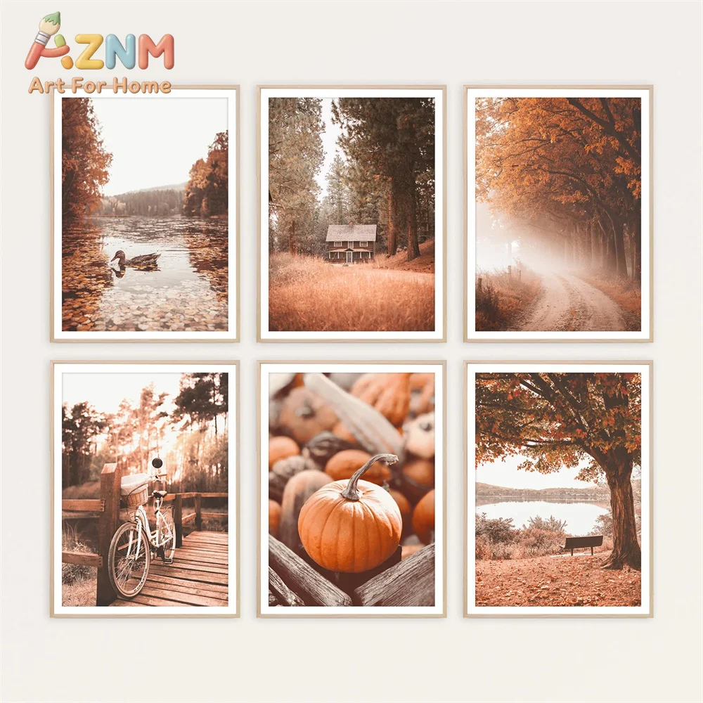 AZNM Warm Autumn Farmhouse Canvas Wall Art Lake Duck Bicycle Pumpkin Country House Fall Forest Rustic Tone Unframed Canvas Home
