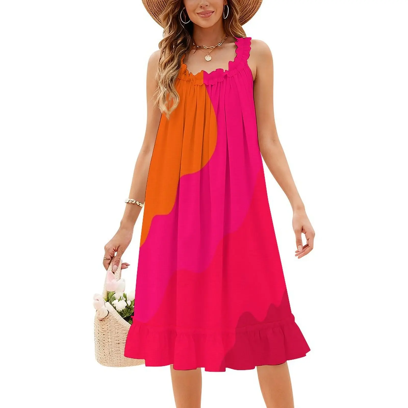 فستان قصير من الوردي الساخن إلى البرتقالي على طراز Preppy للنساء على شكل حرف a فضفاض مناسب فستان يوم غير رسمي وردي ساخن وردي أحمر برتقالي ساخن اللون امرأة #4