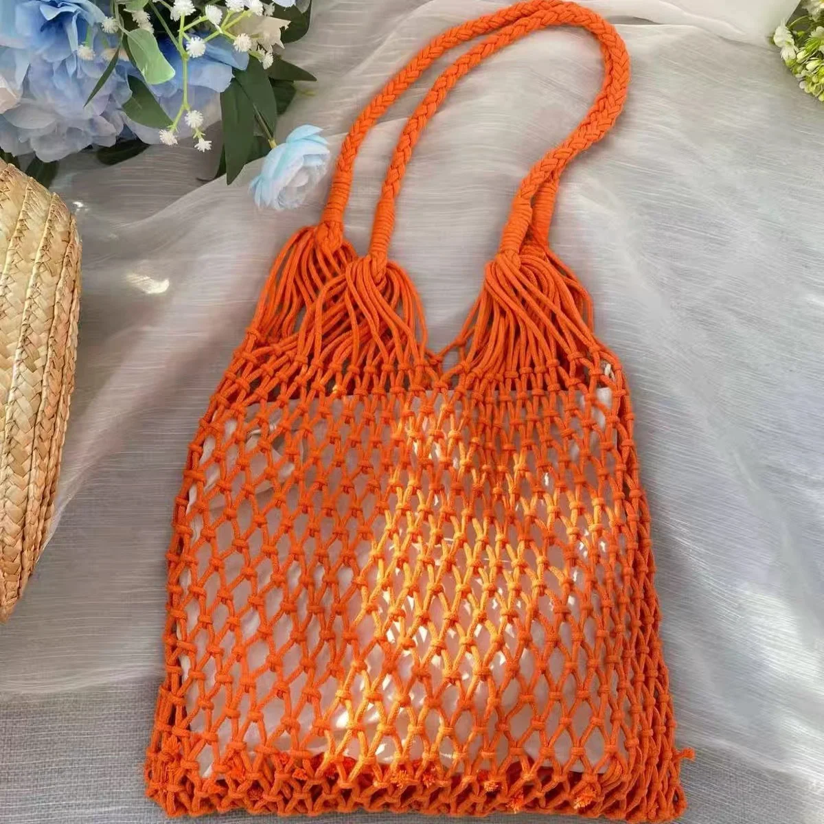 

Large Capaci Hollow out Fiing Net Basket Weave oulder Bag Tote Beach Vaion Handbag Korean Sle Casual Single ould...