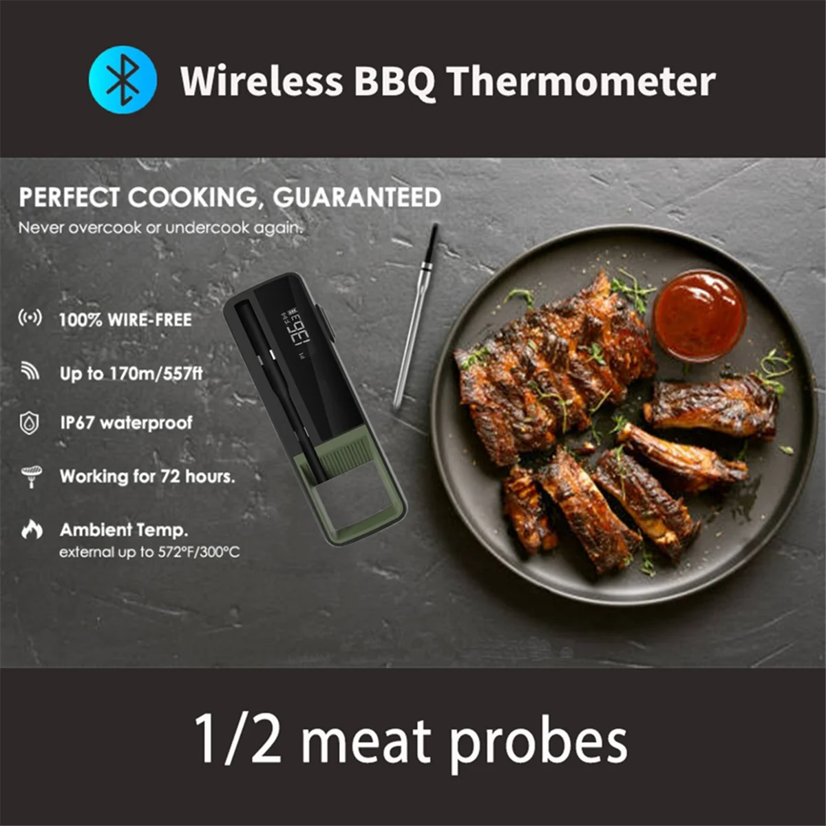 ABFKW Wireless Food Meat Thermometer Smart Digital Bluetooth BBQ Thermometer for Kitchen Cooking Oven Grill with 2 Probes