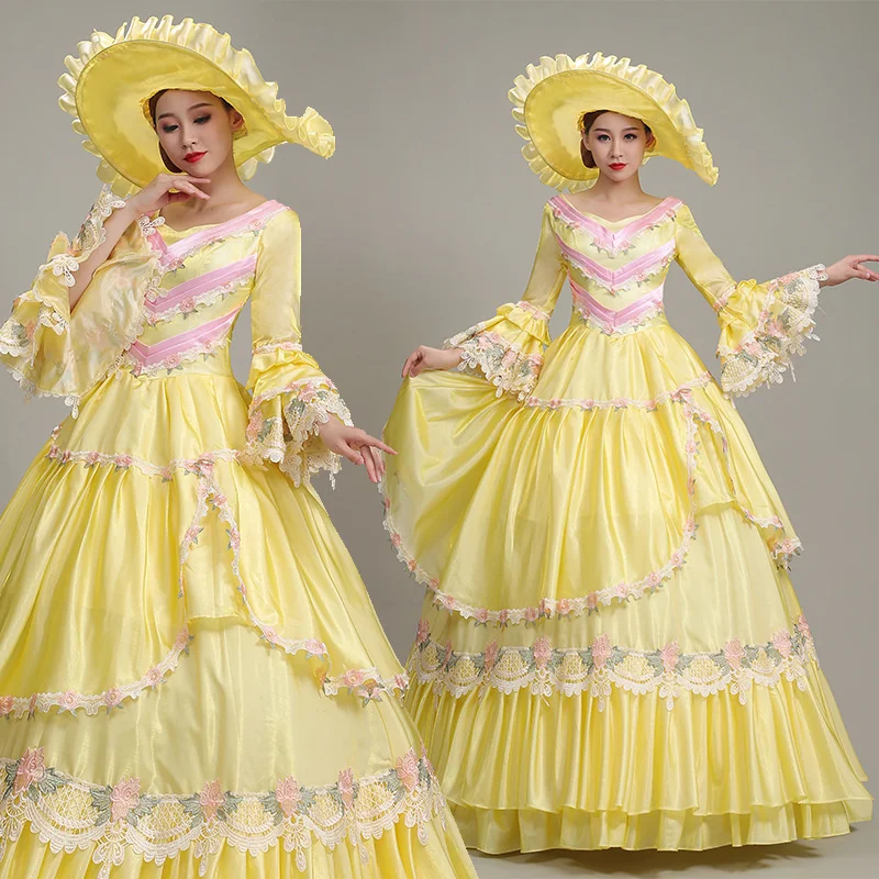 Robe Renaissance médiévale victorienne pour femme, robe de Rhde théâtre jaune, scène 303 avec chapeau, robe de princesse Palace