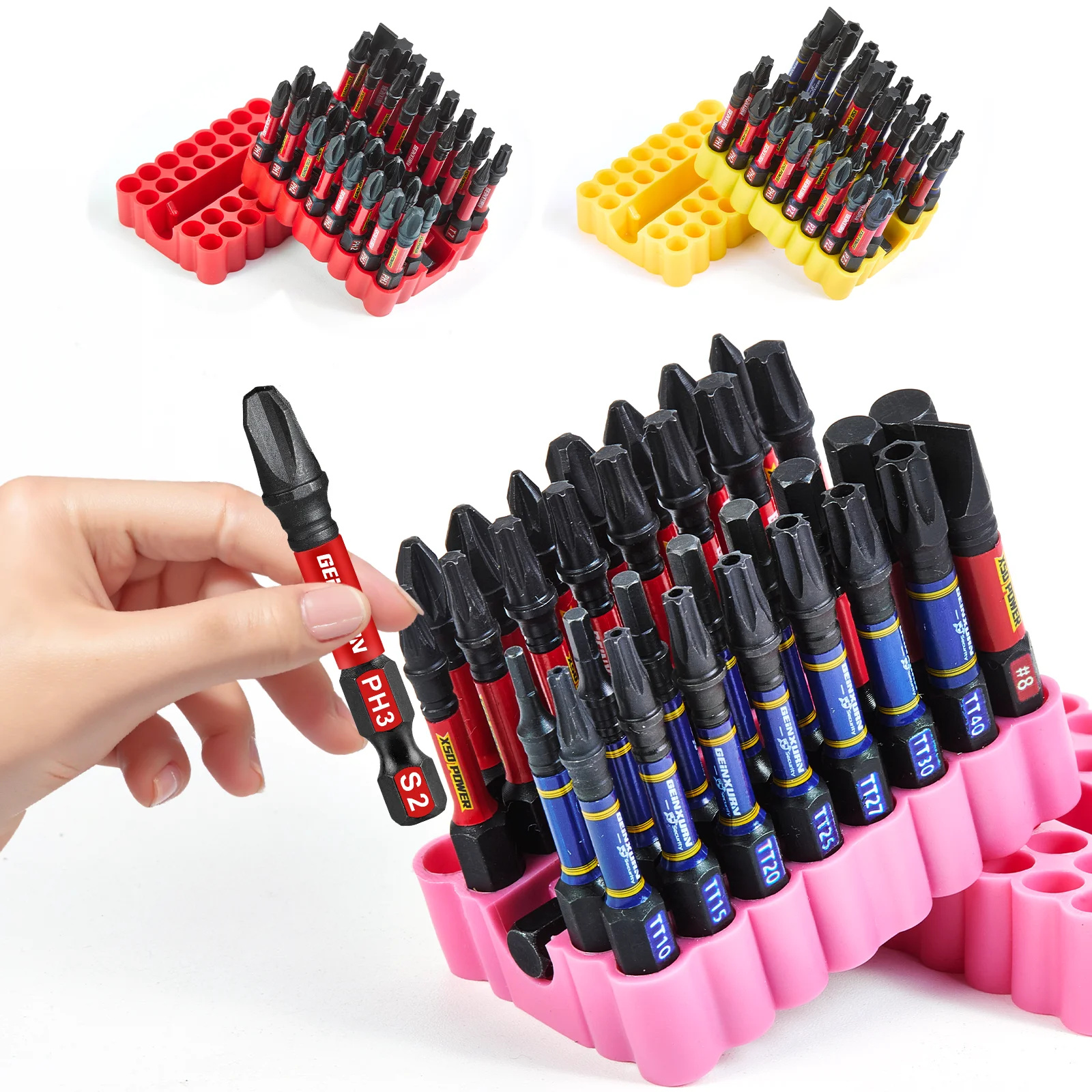Geinxurn 33PCS Impact Screwdriver Bits Set, 2” Magnetic （PH/PZ/Torx/Hex/Slotted) S2 Steel Bits with Bit Holder & Soft Base