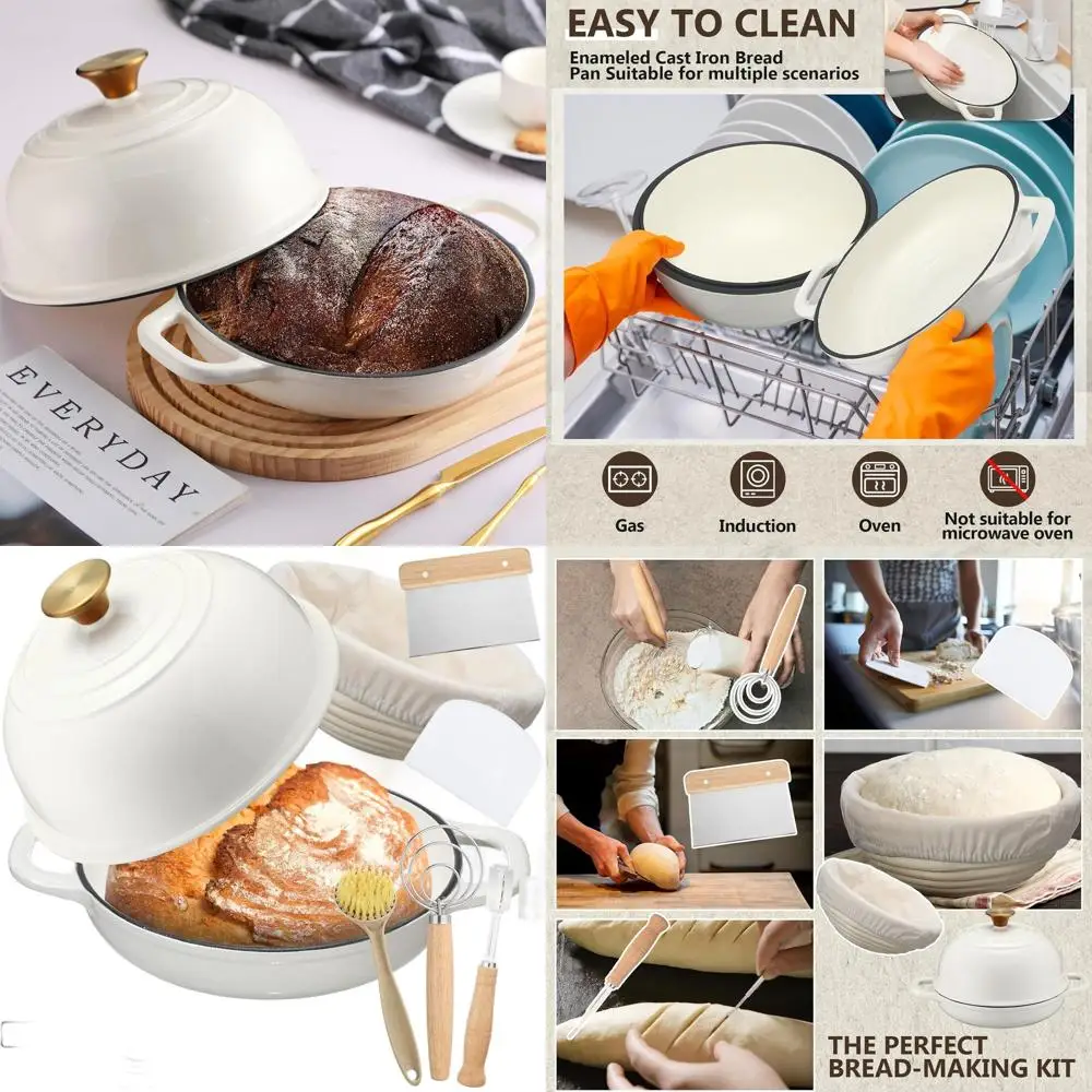 

6-Quart White Enamel Cast Iron Dutch Oven with Lid and Bread Proofing Basket for Sourdough Baking and Roasting