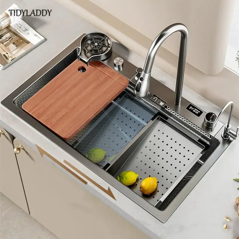 Stainless Steel Waterfall Kitchen Sink Embossed Honeycomb Multifunction Digital Display Large Single Slot Kitchen Accessories