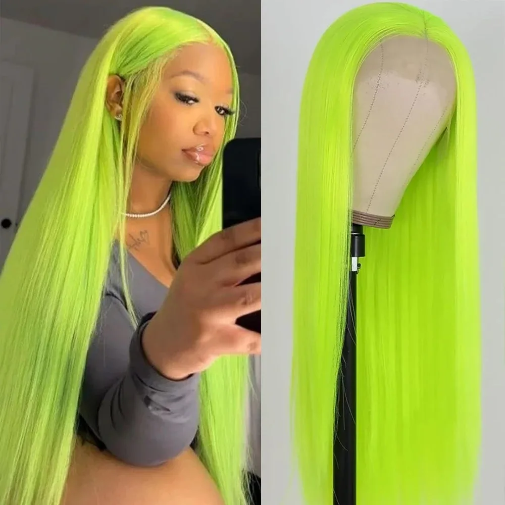 200% Density Long Straight Wigs Fluorescent Green Color Wigs 13x4 Hd Lace Frontal Wigs For Women Cosplay Colored Glueless Wigs