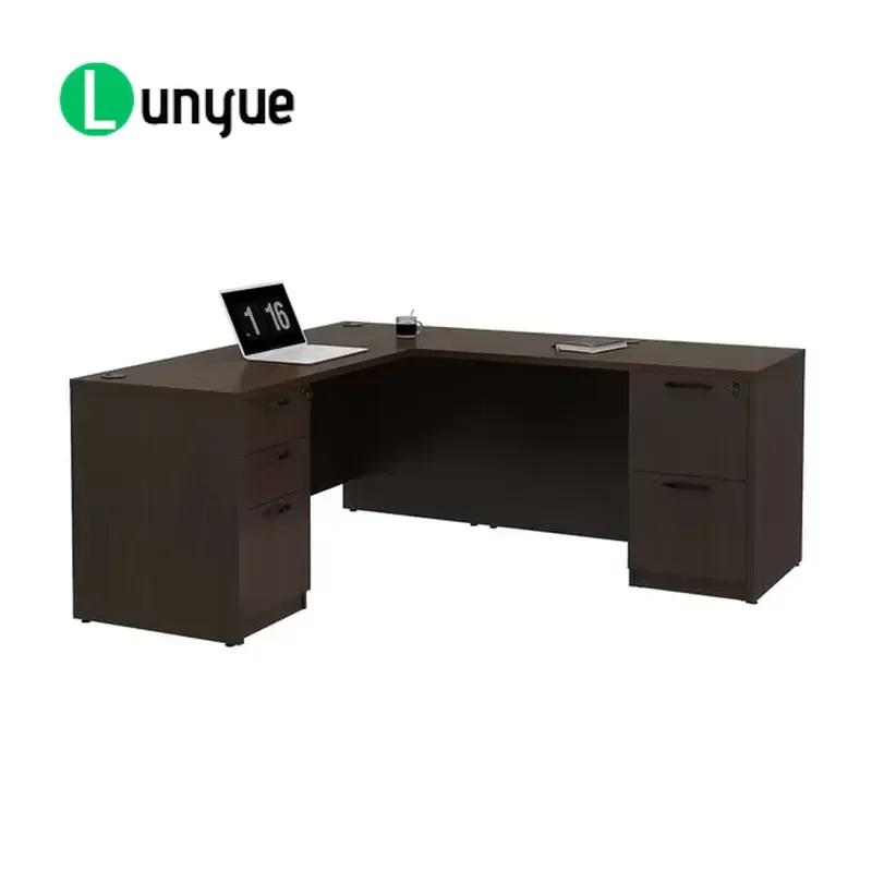 L Shaped Executive Desk with Drawers and File Cabinet Storage Espresso Walnut Burr Wood Base Office Furniture for Home
