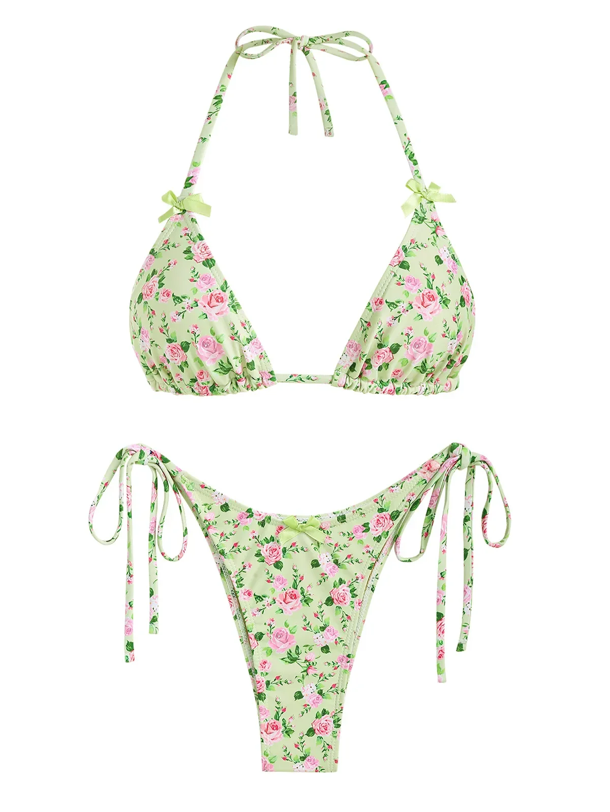 

ZAFUL Women's Bow Decor Tiny Floral Halter Tanga Tie Side String Triangle Two Piece Swimwear Bikini Set