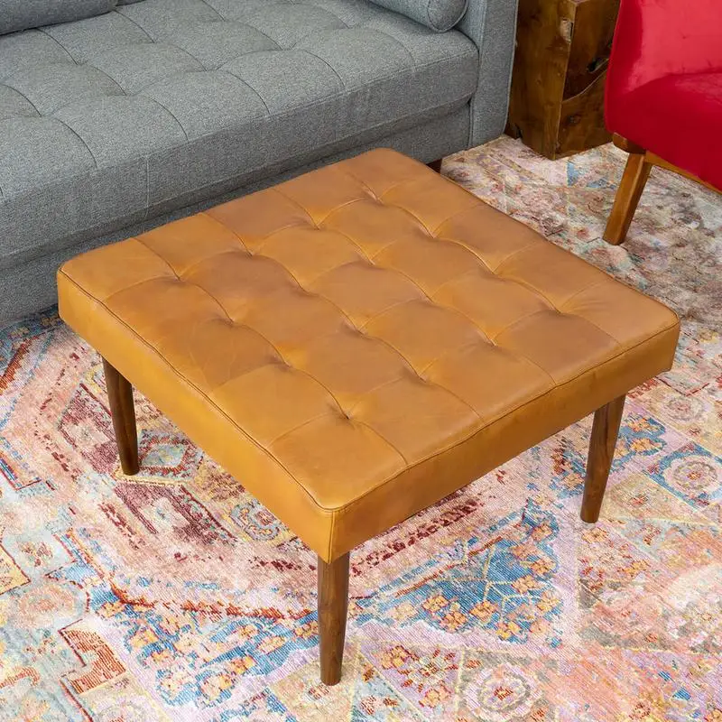 

Mid-Century Tufted Square Leather Upholstered Ottoman in Tan - Stylish & Versatile Living Room Furniture Piece for Modern