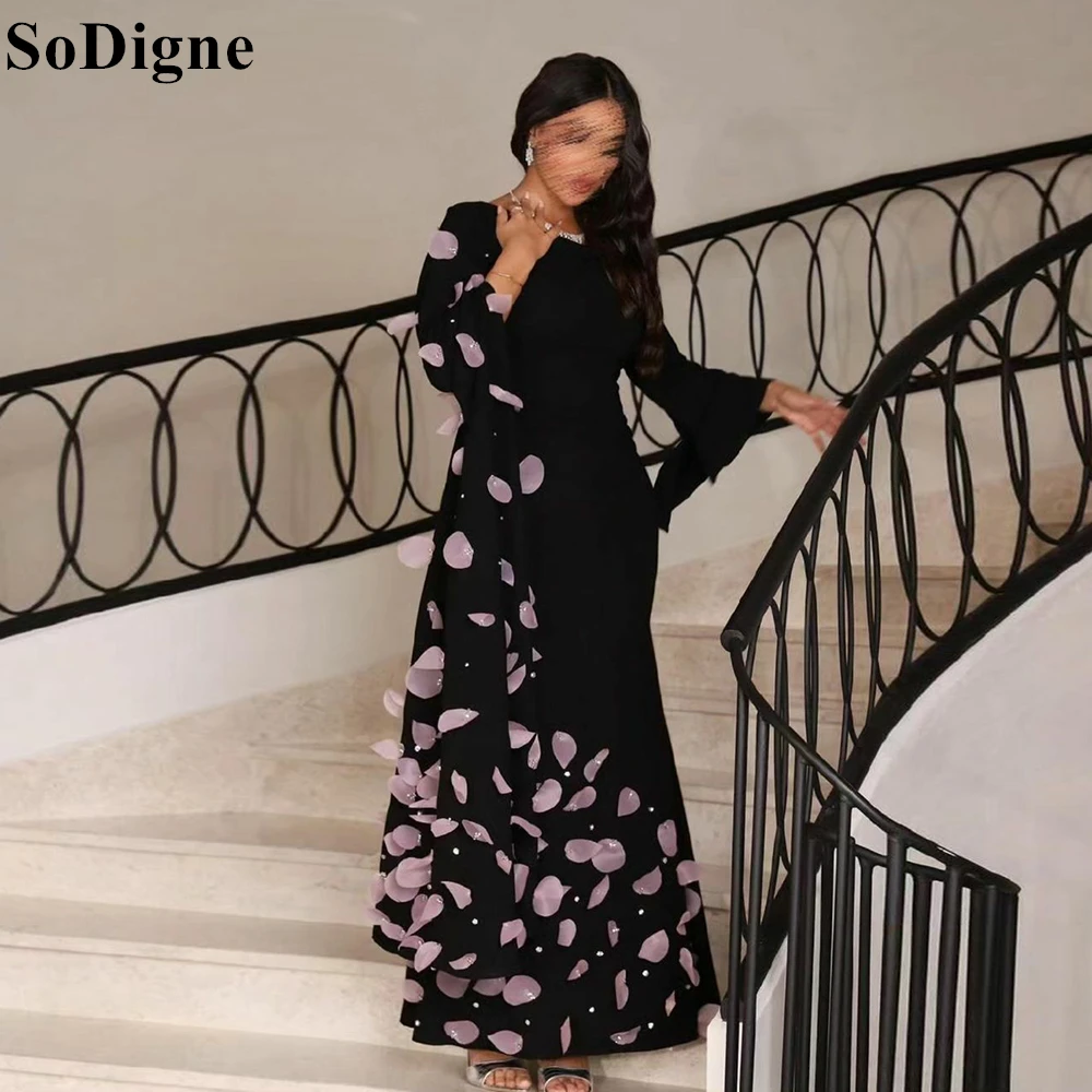 SoDigne Elegant Black Evening Dresses Long Sleeves Floral Appliques Mermaid Modest Party Dress 2024 Formal Occasion Prom Gowns