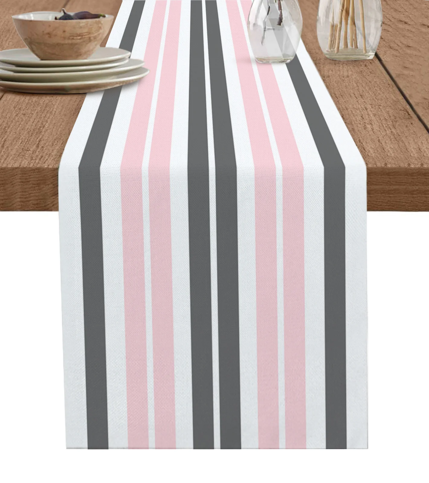 Grey Pink Stripe Table Runner Kitchen Xmas Decoration Tablecloth Home Party Table Cover 4/6PCS Placemats