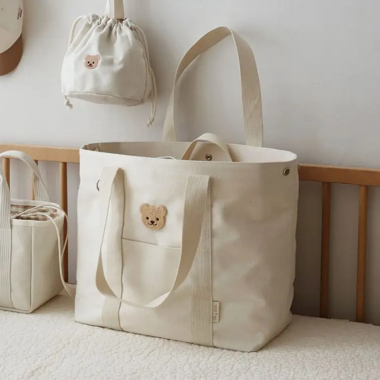 Korean large capacity mother and baby bag, mommy bag, minimalist canvas handbag, baby stroller hanging bag, tote bag