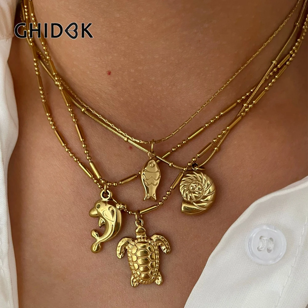 GHIDBK Simple Fashion Ocean Series 18K Gold Plated Conch Dolphin Turtle Fish Pendant Necklace for Women Seaside Party Jewelry