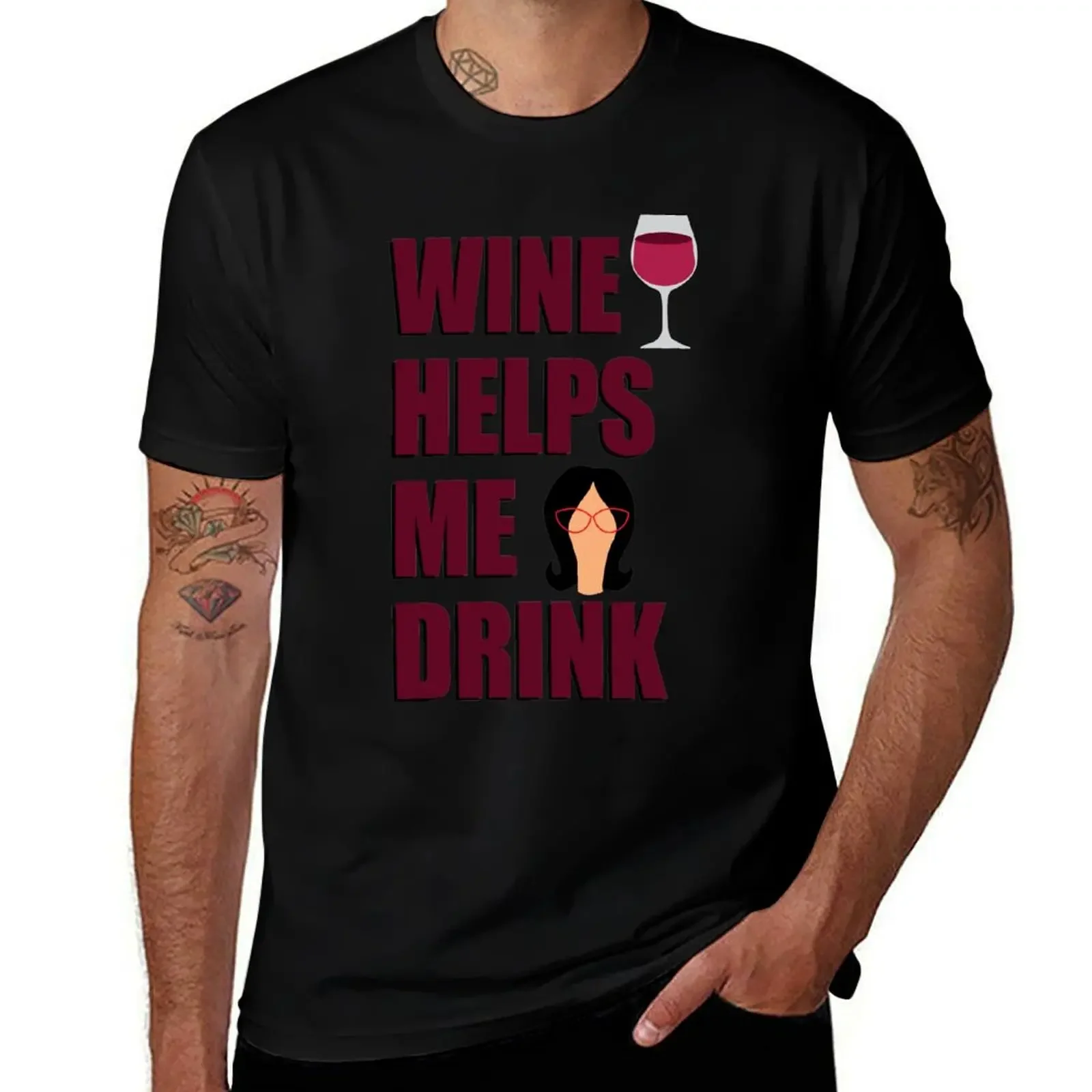 Wine Helps Me Drink T-Shirt oversizeds summer top graphic tee shirt mens white t shirts