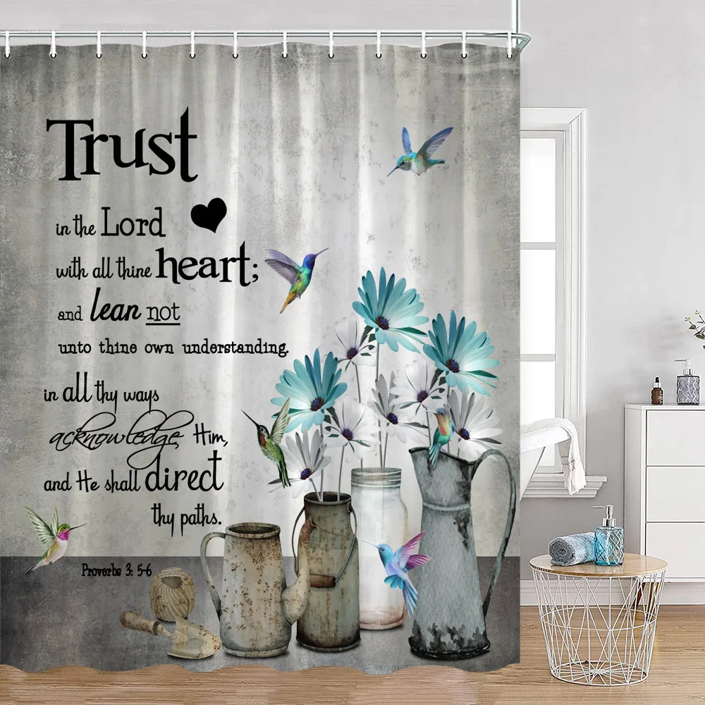 Rustic Wood Plank Floral Shower Curtains White Daisy Horseshoe Trust in the Lord Bathroom Curtain Decor Set Polyester Washable