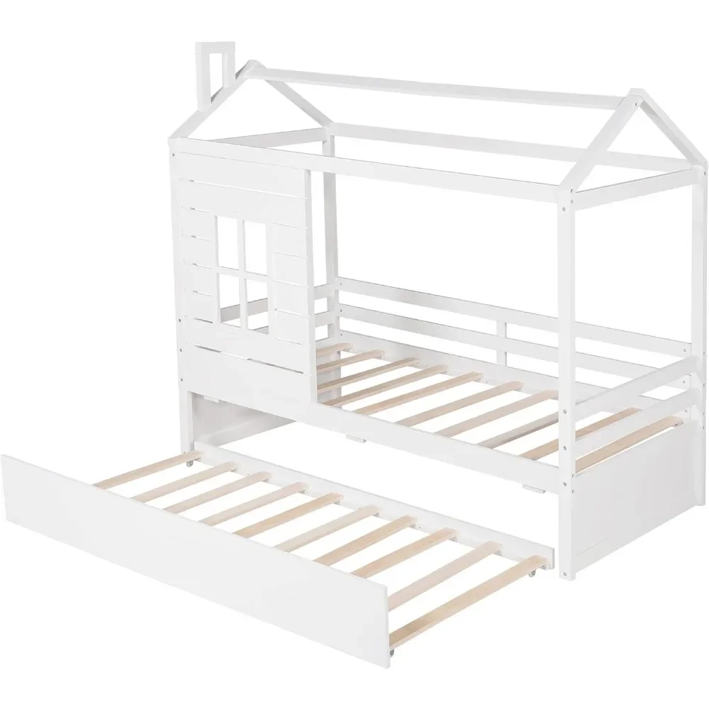 Casa de cama de tamaño doble para niños, cama Montessori con diseño de Trundle, ventana y techo, marco de cama para niños, casa de juegos divertida