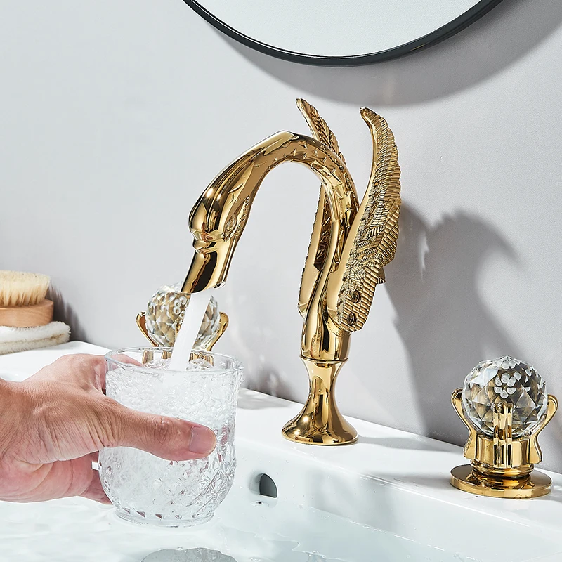 Wanmivezlo Gold Swan Basin Faucet Luxury Deck Mounted Dual Crystal Handle Bathroom Mixer Tap Cold and Hot Water Mixer Faucet