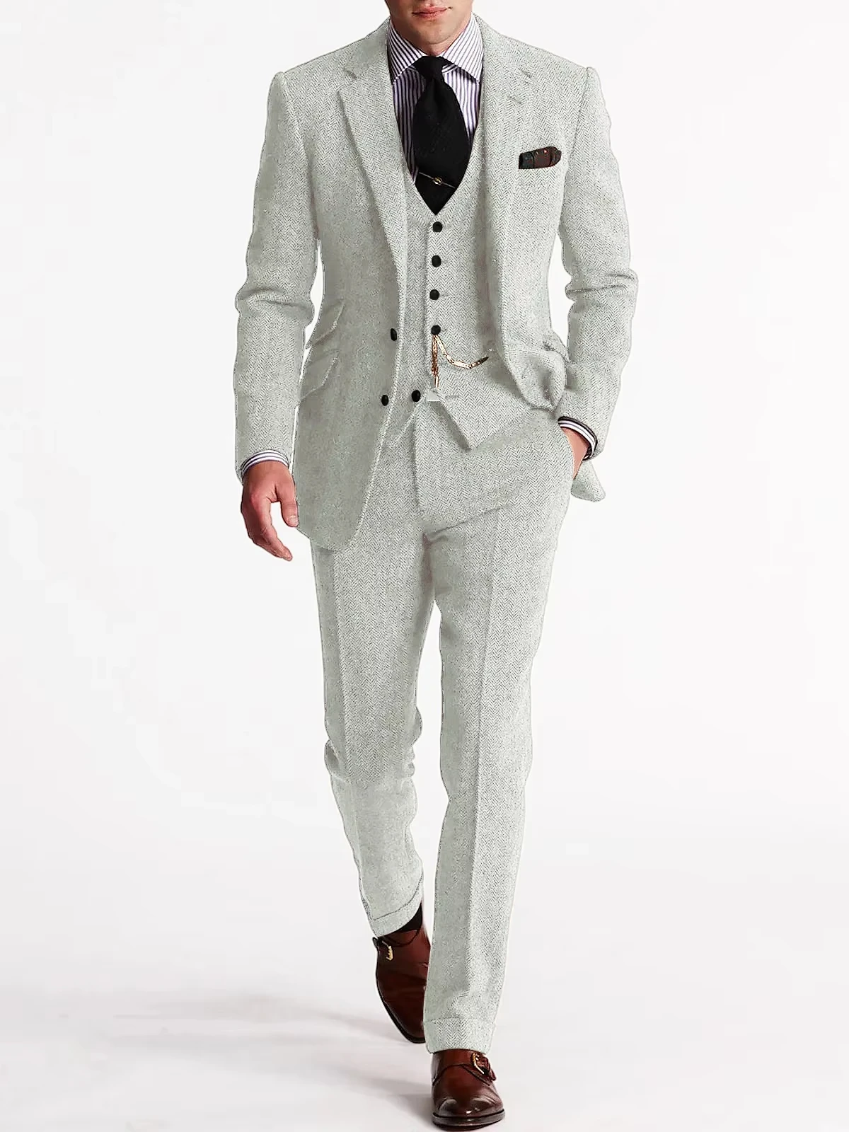 ﻿ Herringbone Tweed Suits for Men 3 Piece Set Double-Breasted Slim Fit Tuxedo Size Man Suit Set Custom Made Men Fashion Suits