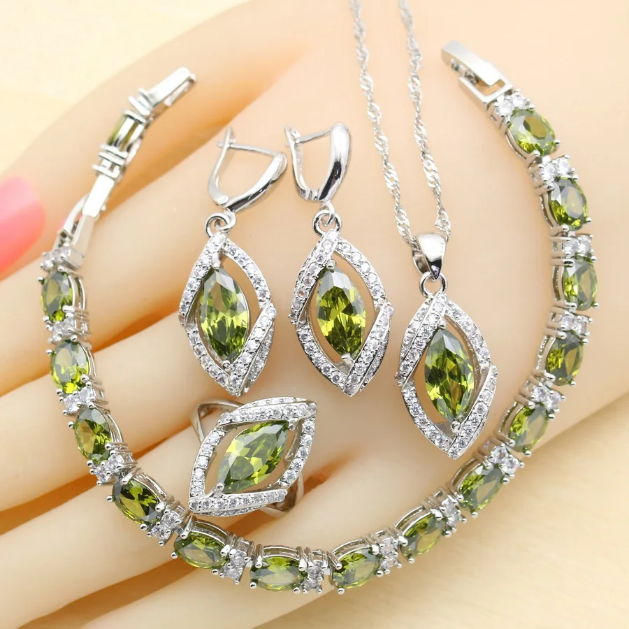 Amazing 925 Silver Jewelry Sets For Women Olive Green Cubic Zirconia Bracelet Earrings Necklace Pendant Rings