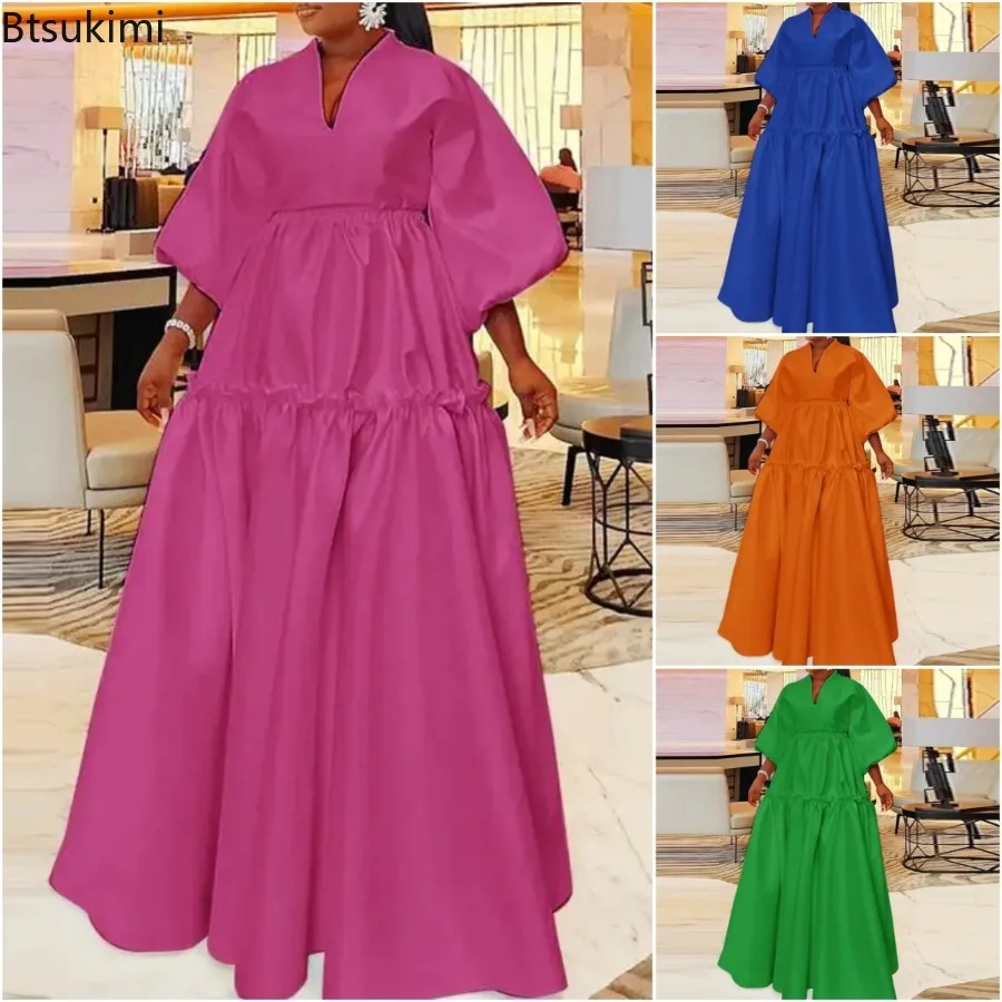 

2025 New Spring Autumn Loose Casual Maxi Dresses Women Fashion Solid Color Puff Sleeves Dress Party Club Holidays Evening Dress