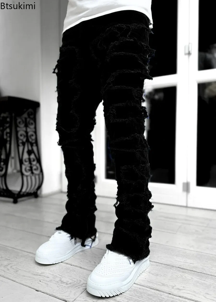 2026 Men\'s Fashion Hollow Out Ripped Jeans Streetwear Y2K Style Patchwork Design Straight Denim Trousers for Men Stretch Jeans