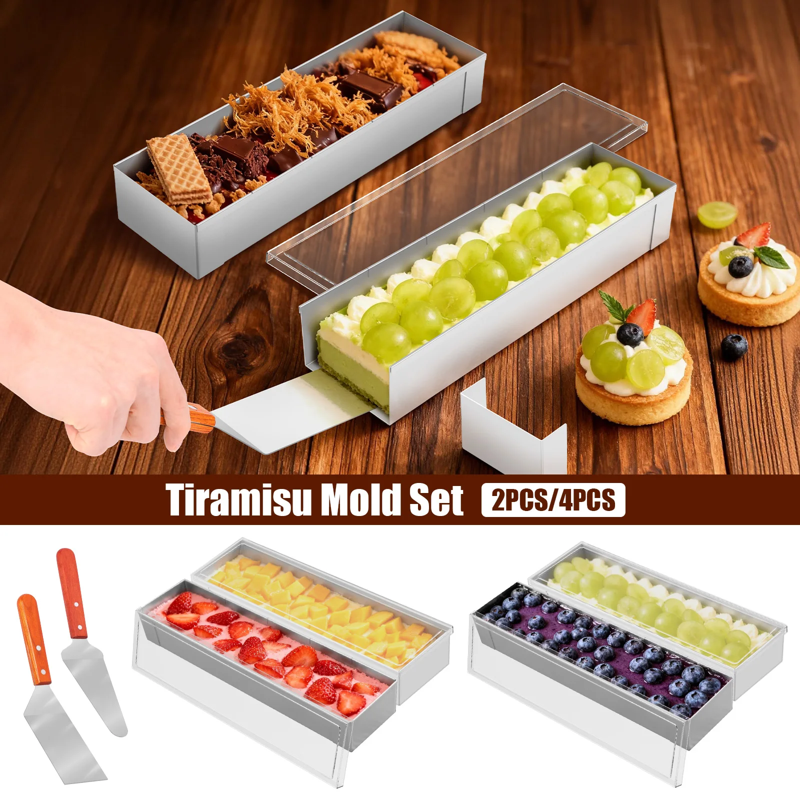 

2/4Pcs Rectangle Tiramisu Cake Pan with Metal Spatula Detachable Stainless Steel Cake Baking Mold Cheesecake Mould for Mousse