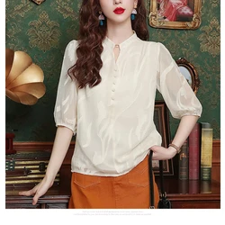 Summer Solid Color Pullover Women's Clothing Chiffon Lantern Half Sleeve Button V-Neck T-shirt Comfortable All-match Tops