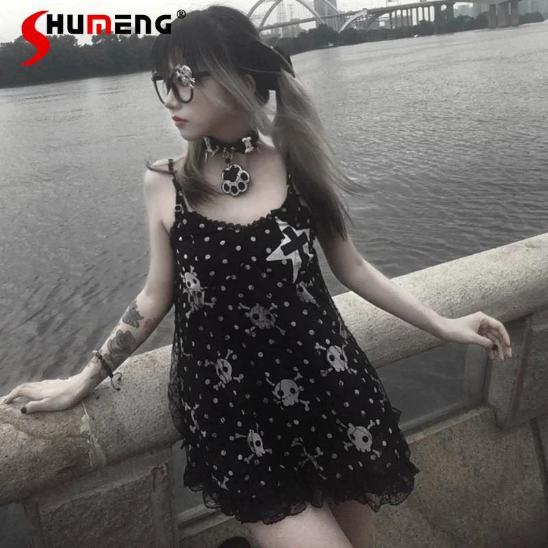 

New Japanese Dark Academia Punk Style New Short Cami Dress Cartoon Skull Off-the-shoulder Loose Lace Dresses For Women's Clothes