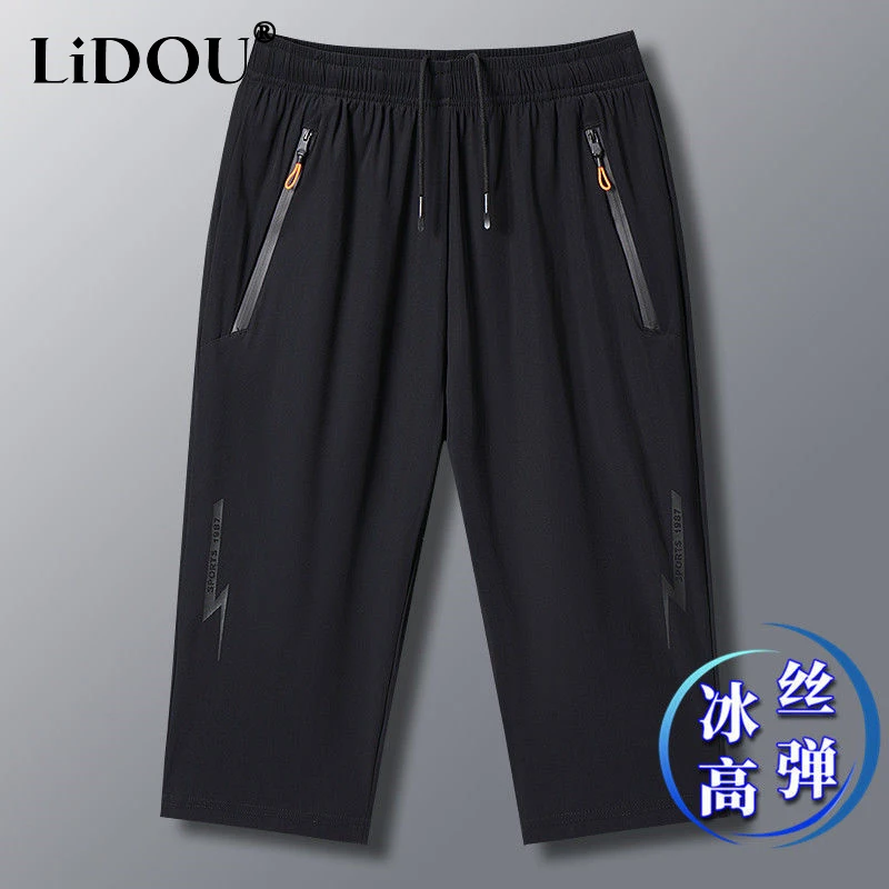 

2023 Summer New Fashion Casual Calf Length Pants Man Elastic Waist Zipper Pockets Mid-length Quick Drying Motion Straight Trouse