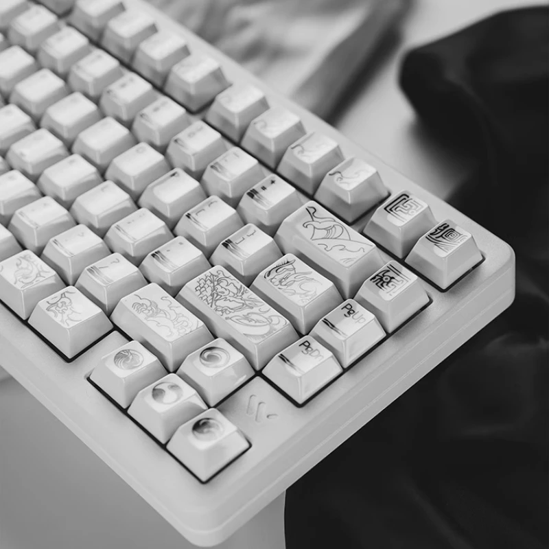 Ceramic Texture Keycaps Cherry Pbt 139 Large Full Set Of Keycap Pure White Landscape Style Retro Style Keycaps