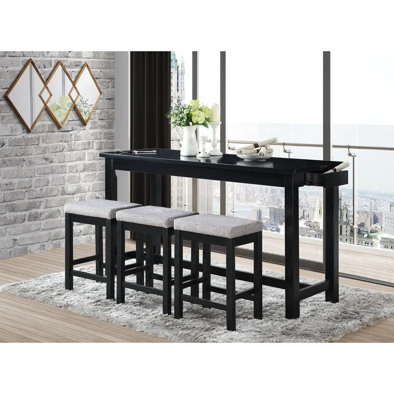 

4pc Black Counter Height Dining Set with Drawer, USB Ports, Power Outlets, and 3 Stools – Modern Casual Dining Furniture