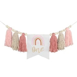 1pc 1st Birthday Rainbow High Chair Banner Handmade Wooden Bead Tassel Garland Decoration First Birthday Party Photography Prop