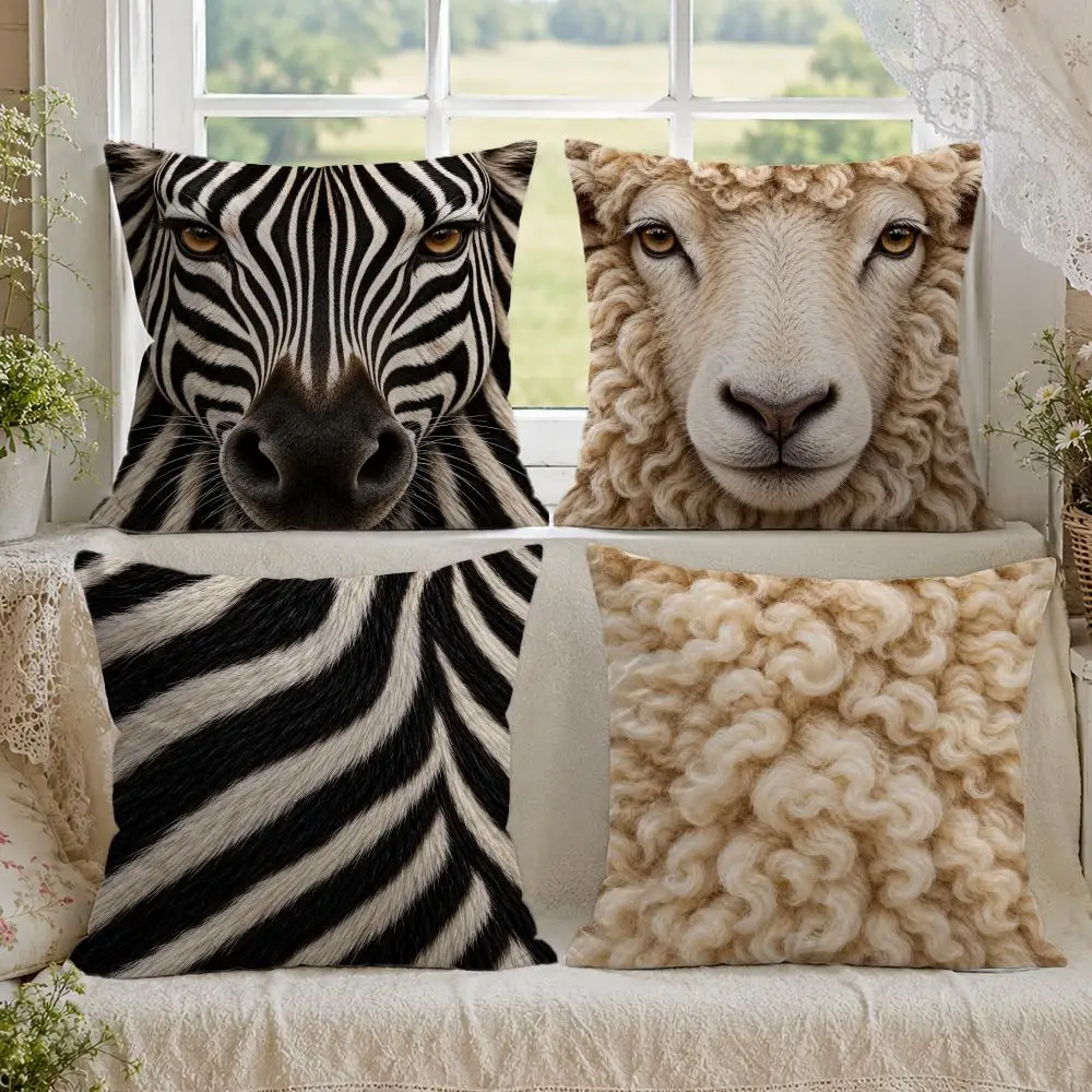 Zebra Sheep Coat Patterns Cushion Cover 1/4PCS Linen Sofa Couch Bedroom Living Room Home Office Decor Pillow Case