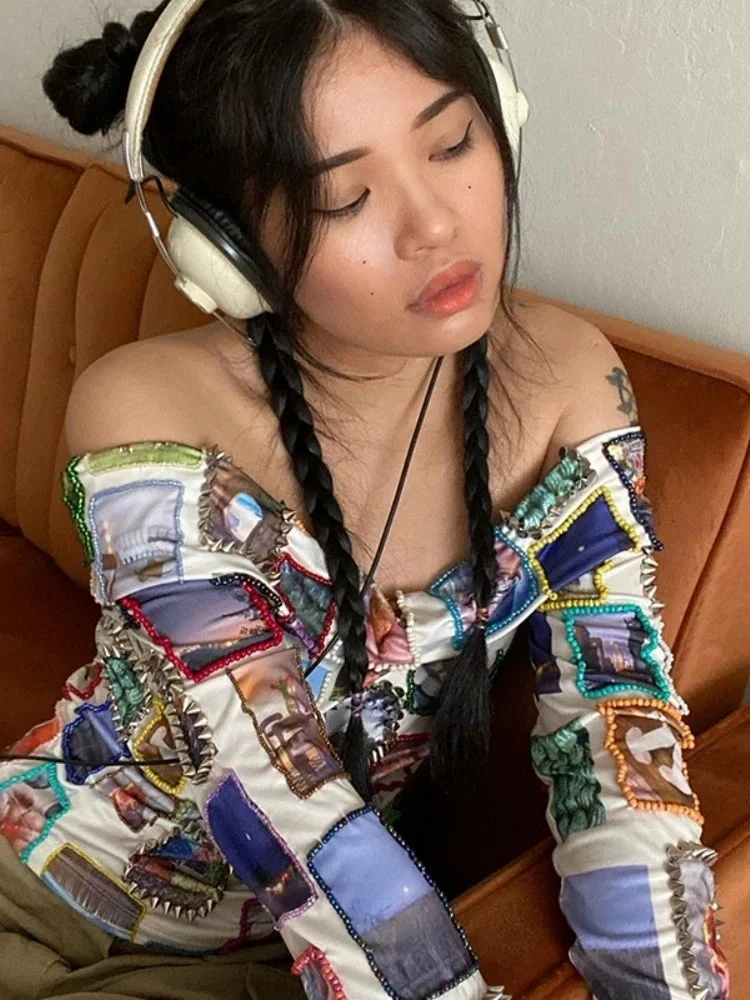 قميص مطبوع قبالة الكتف المحاصيل الأعلى النساء Y2k ملابس طويلة الأكمام النسوية قميص سليم صالح Camisetas الكورية Ropa De Mujer