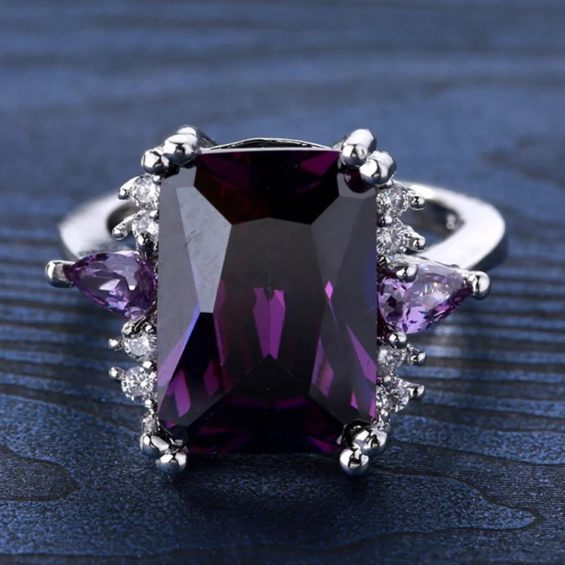 2023 Trendy  Color Amethyst Rings for Women Large Square Purple Crystal Cubic Zircon Rhinestone Ring Fashion Party Jewelry