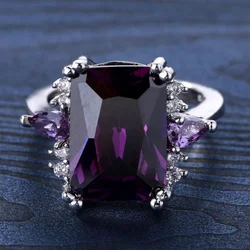 2023 Trendy  Color Amethyst Rings for Women Large Square Purple Crystal Cubic Zircon Rhinestone Ring Fashion Party Jewelry