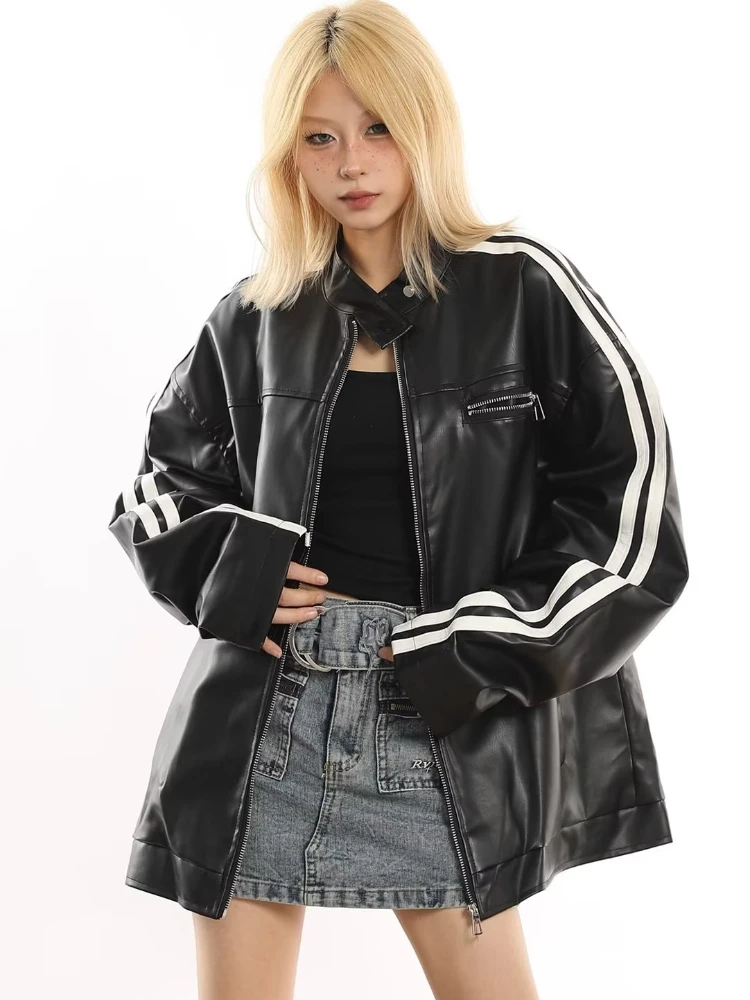 Jackets Women Autumn American Retro Hip Hop Locomotive Style Pu-leather Long Sleeve Contrast Color High Street Unisex Outwear