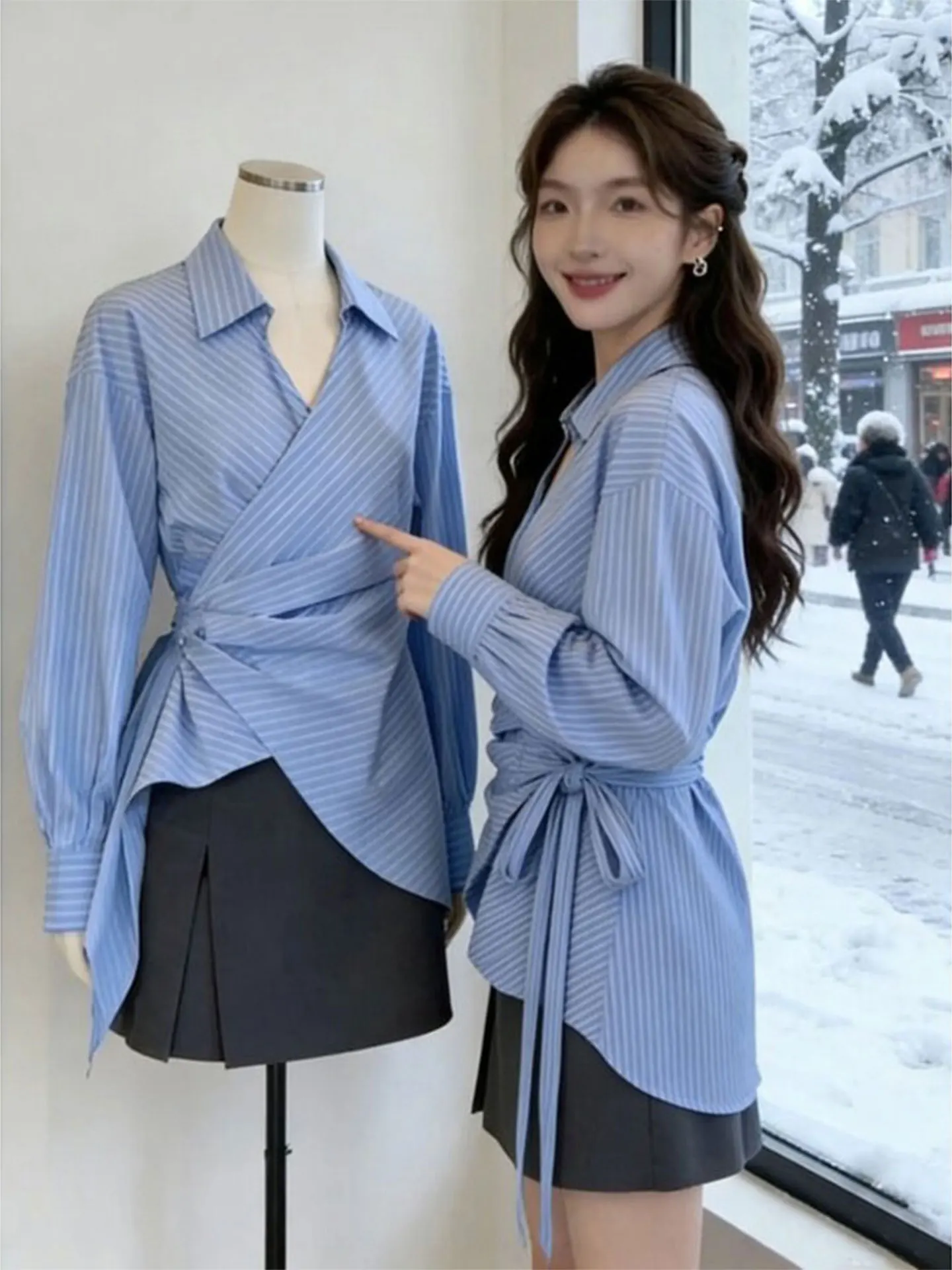 

Light Blue Striped V-Ne Long Sve Women's irt Tie Waist Spring Early Loose Fit Korean Sle Commute Faion