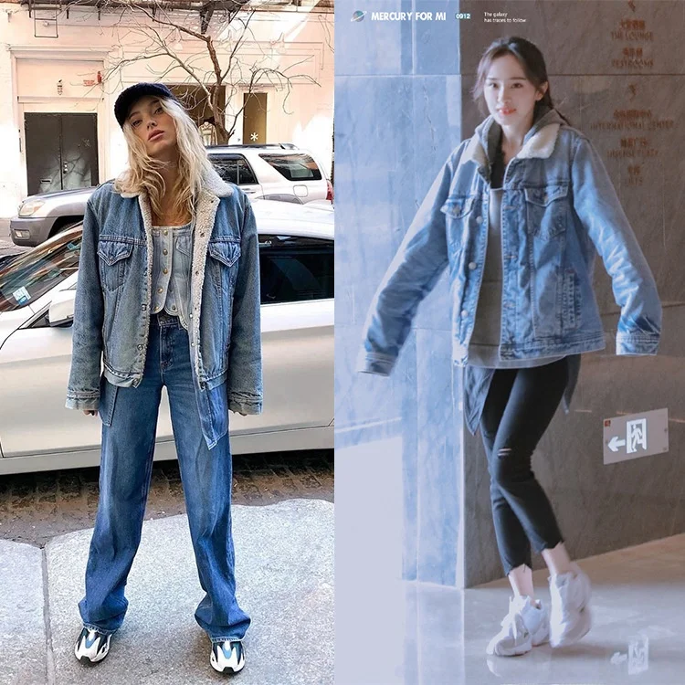 

Утепленное широкое пальто из денима с отделкой из овечьего вельвета для женщин, осенне-зимнее, новое, свободного кроя, с пуговицами и декоративными элементами