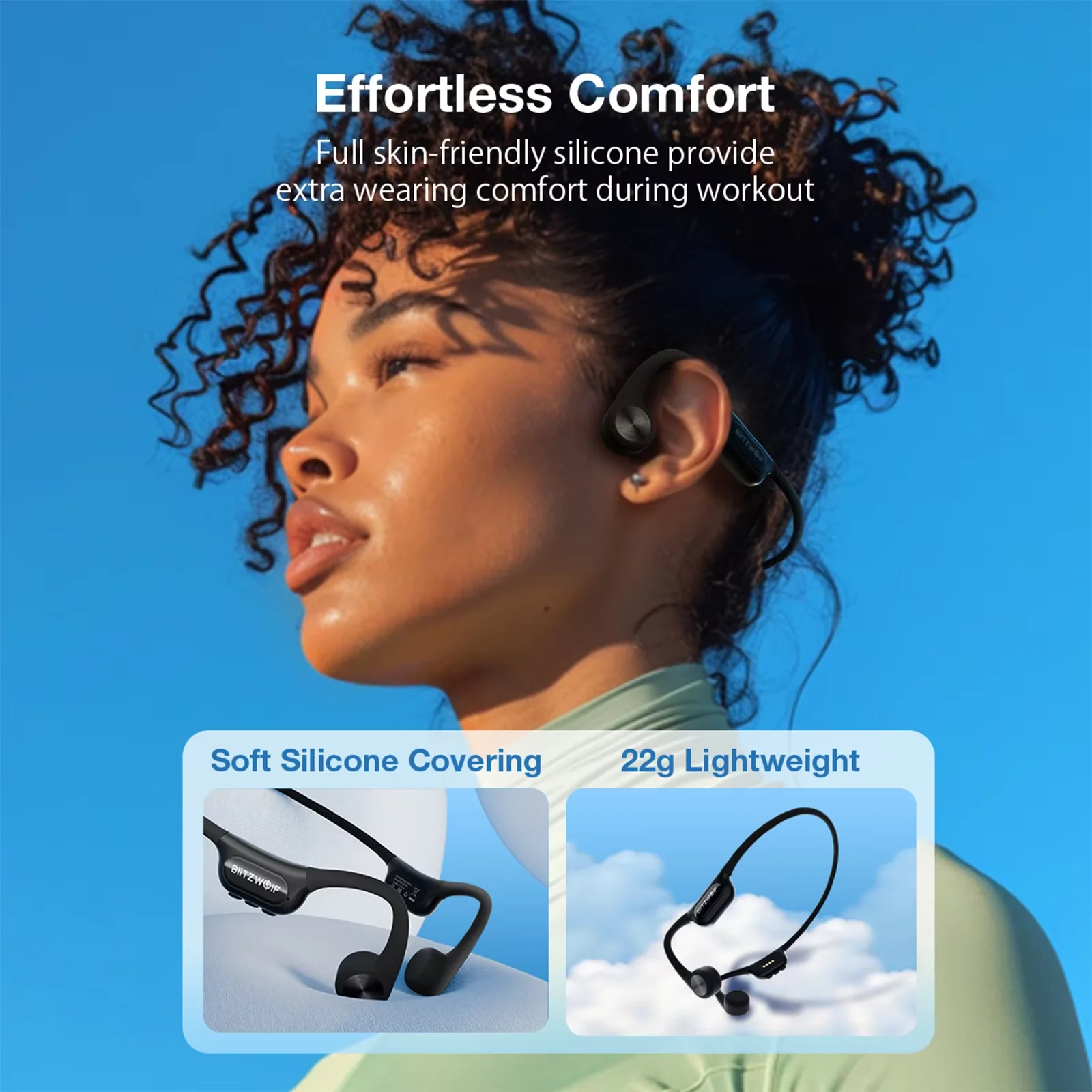 BlitzWolf BW-BTS9 auriculares bluetooth V5.3 auriculares de conducción ósea con memoria integrada de 32GB IPX8 impermeable comodidad de silicona suave