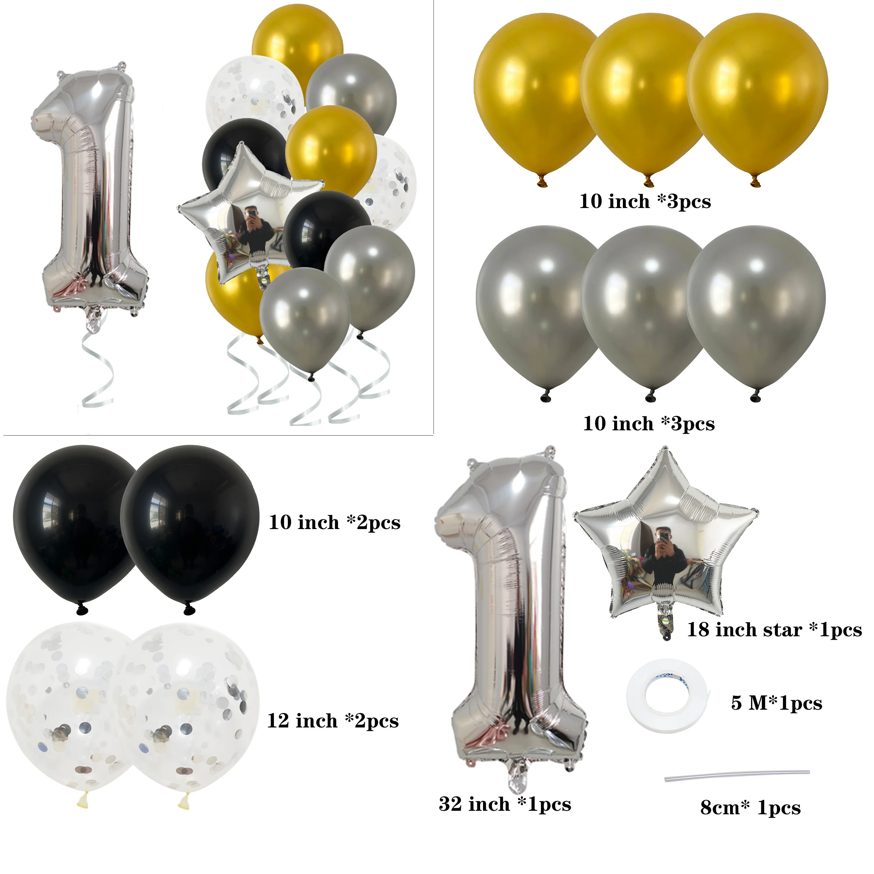 14 Pcs Gold Silver Black Mixed Balloons 1 2 3 4 5 6 7 8 9 Years Old Birthday Party Decoration Kids First Birthday Decor supplies
