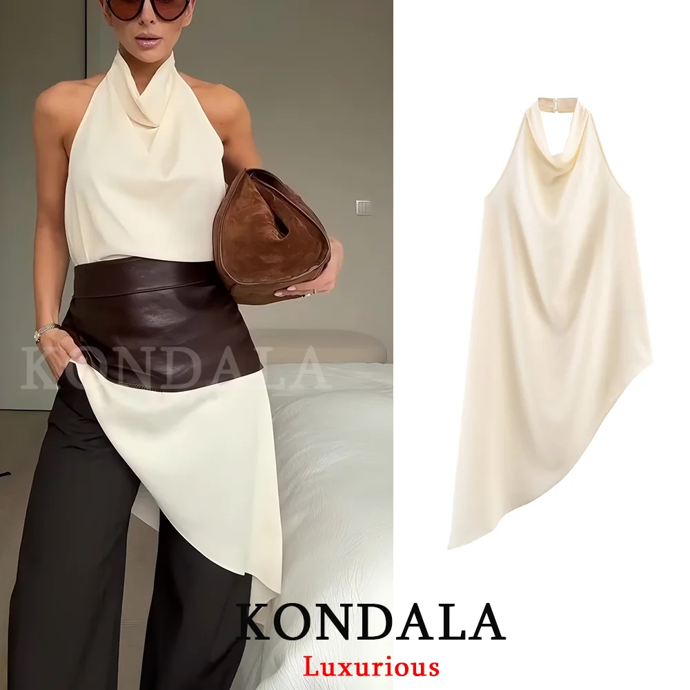 KONDALA Sexy Damen-Weste Beige Einfarbig Neckholder Ärmellos Rückenfrei Asymmetrisches Gerades Top Neue Mode 2026 Frühling Sommer Weste