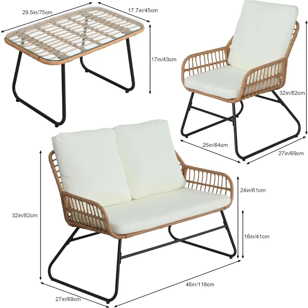 مجموعة أثاث الفناء الخارجي مكونة من 4 قطع، مجموعة محادثة للفناء، مجموعات بيسترو من الخيزران مع كراسي بمقعدين و