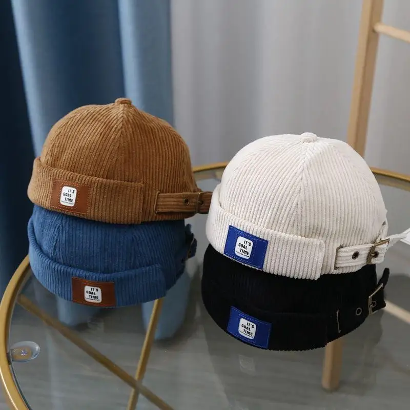 

Retro Corduroy Brimless Docker Cap For Men Women Solid Color Adjustable Landlord Docker Cap Streetwear Hip Hop Hats Dome Hats